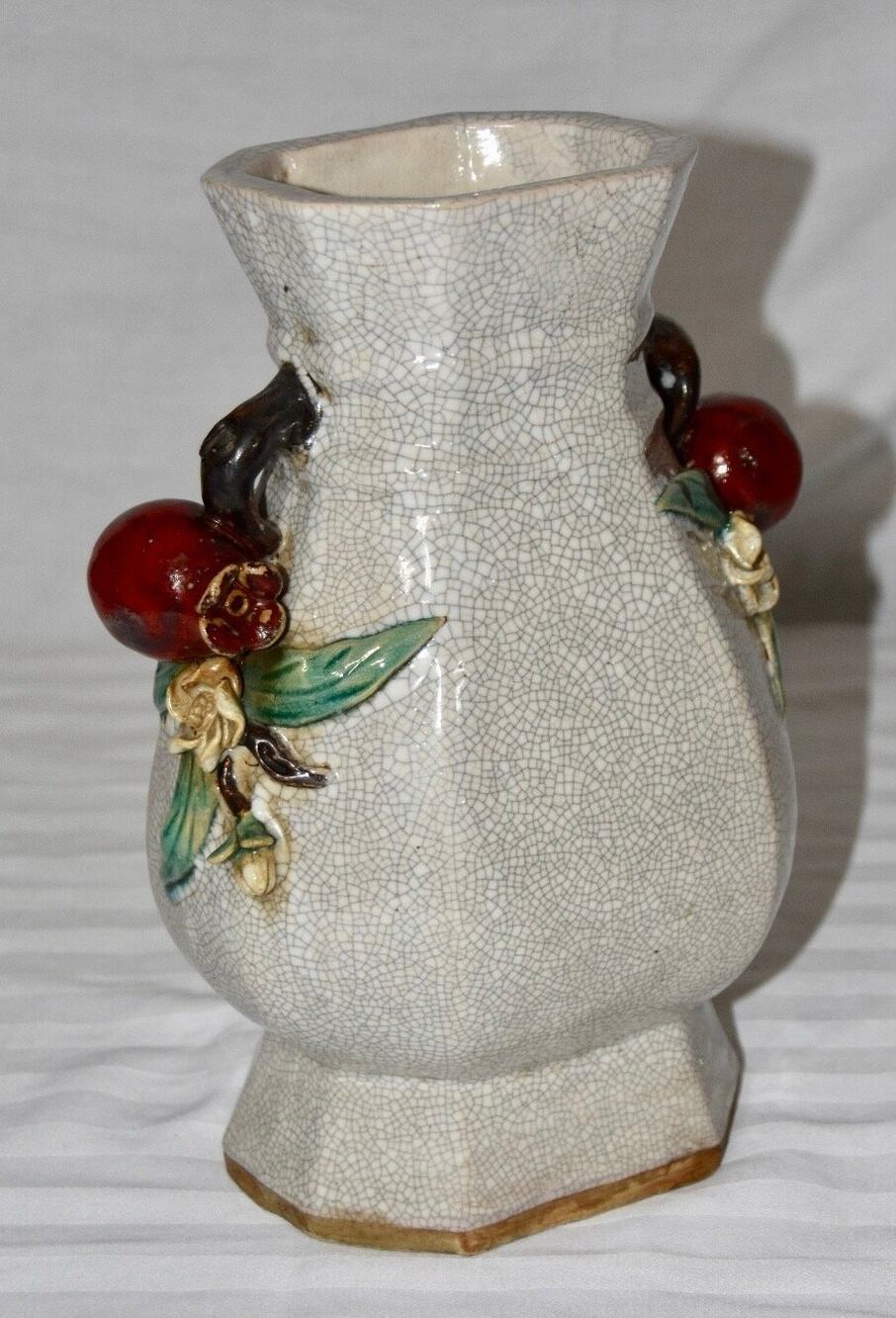 United Wilson Crackle Glaze Stoneware Vase 3D Applied Pomegranate Handles